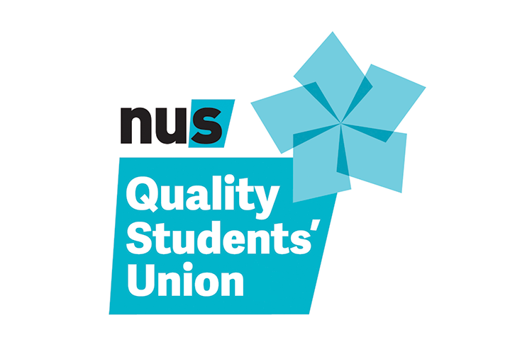 Blue, black and white logo with wording saying "NUS" and "Quality Students' Union"