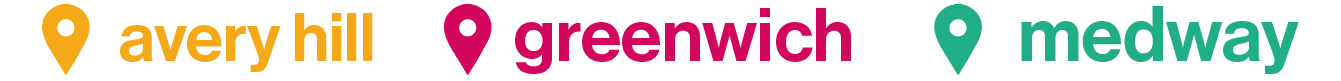 Key of campus markers - Avery Hill is yellow, Greenwich is pink, Medway is green