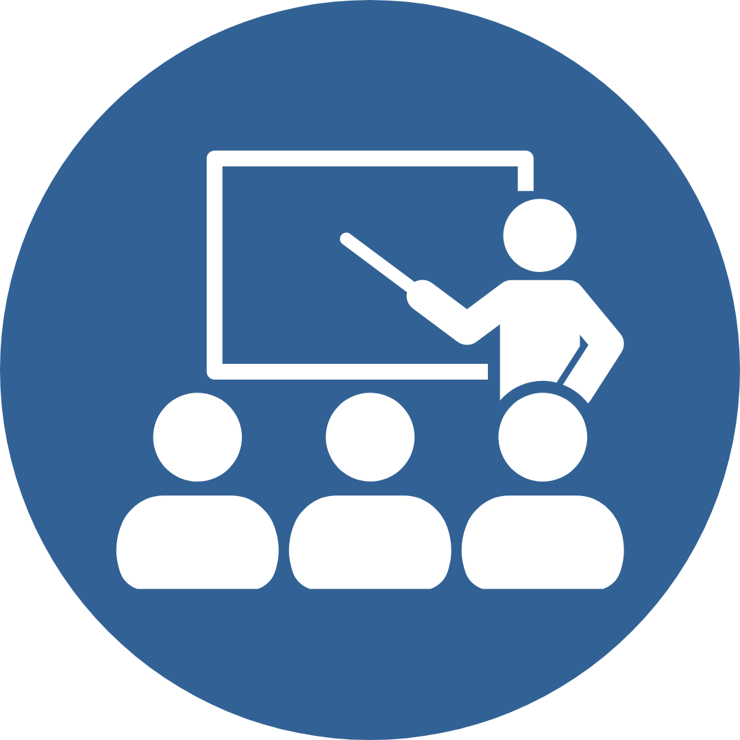 blue circle with white icon of stick man presenting to others