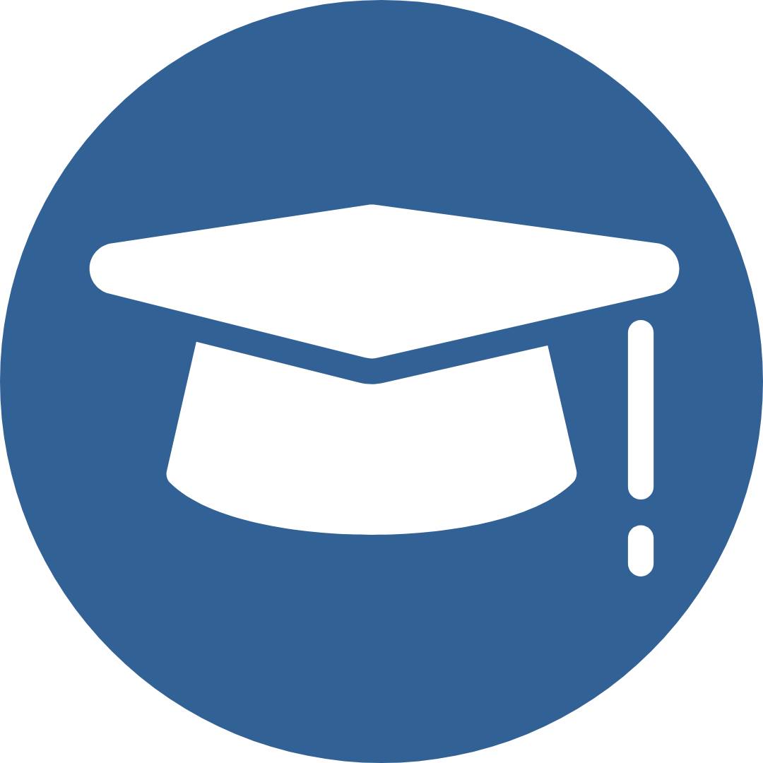 blue circle with white icon of graduation cap in centre