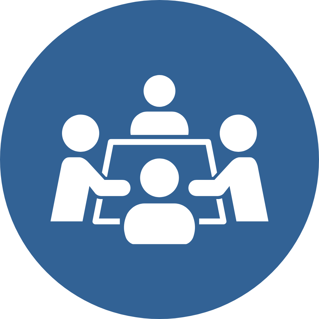 blue circle with a white icon of figures around a table