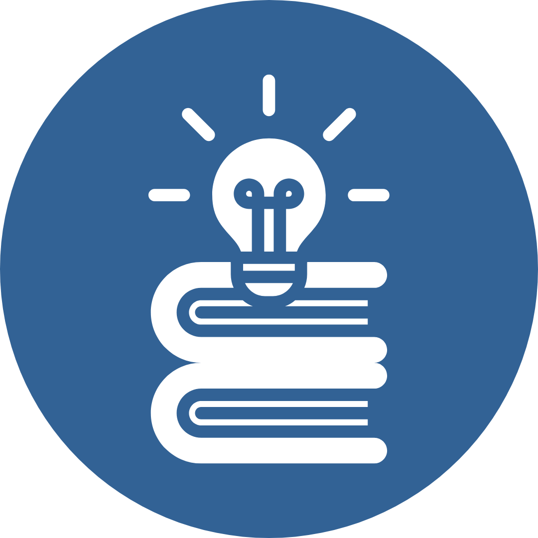 blue circle with a white icon of books and a light bulb in centre