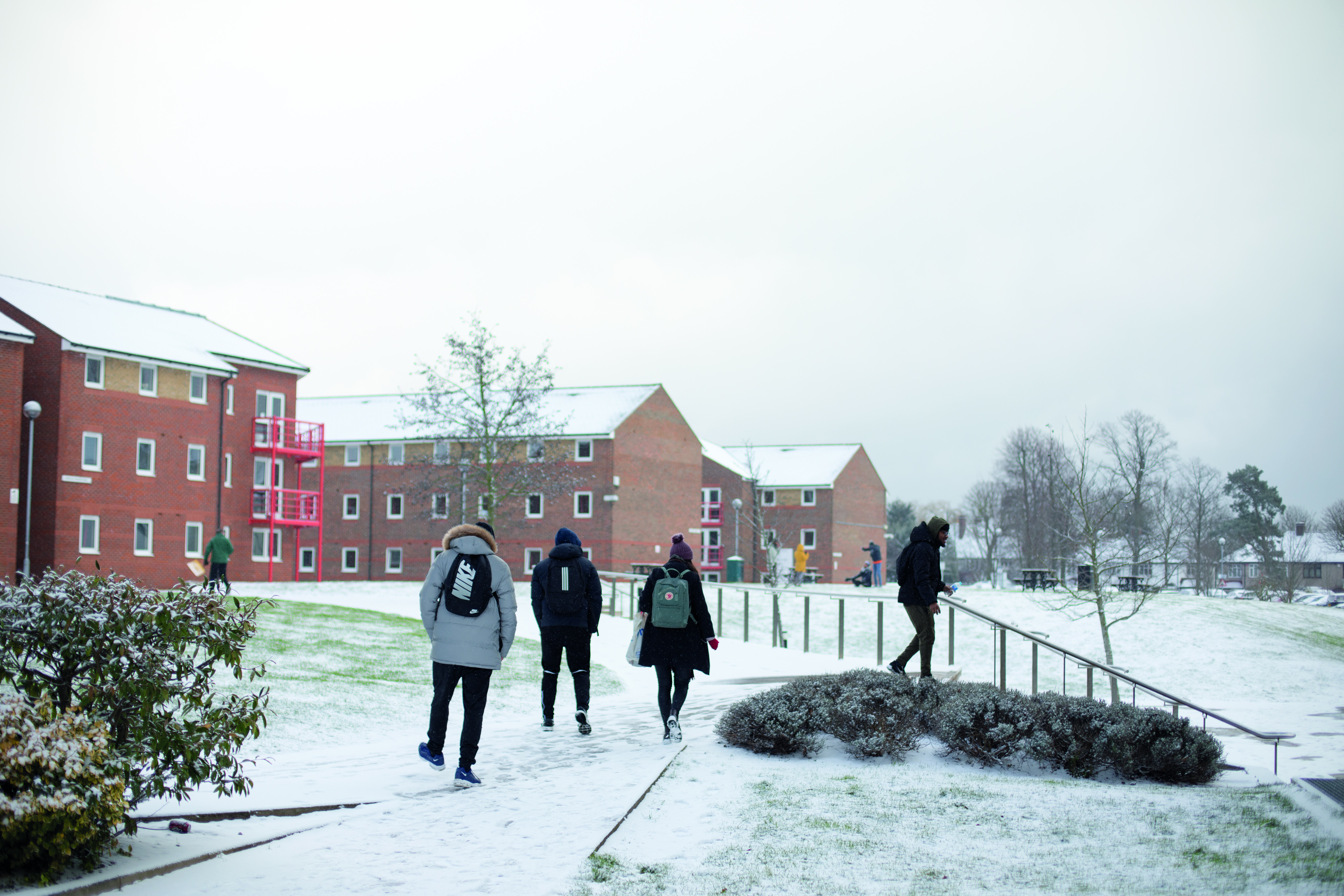 students at avery hill campus in the snow