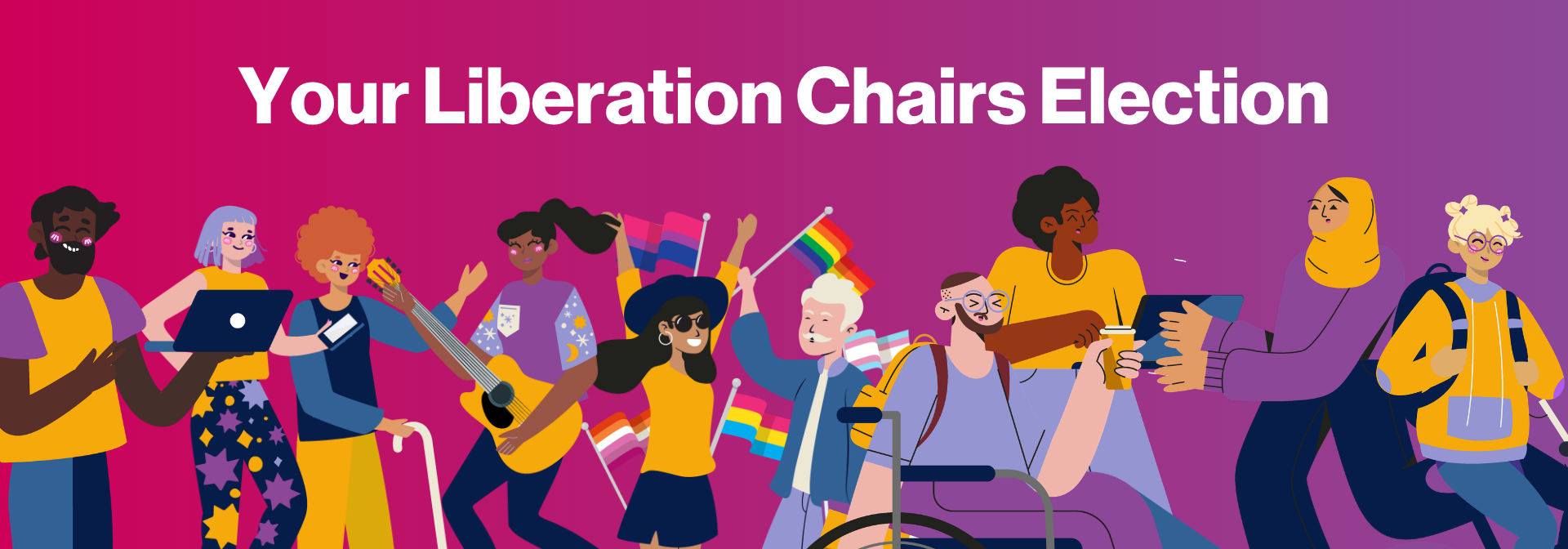 web banner with illustrations and text reading "your liberation chairs election"