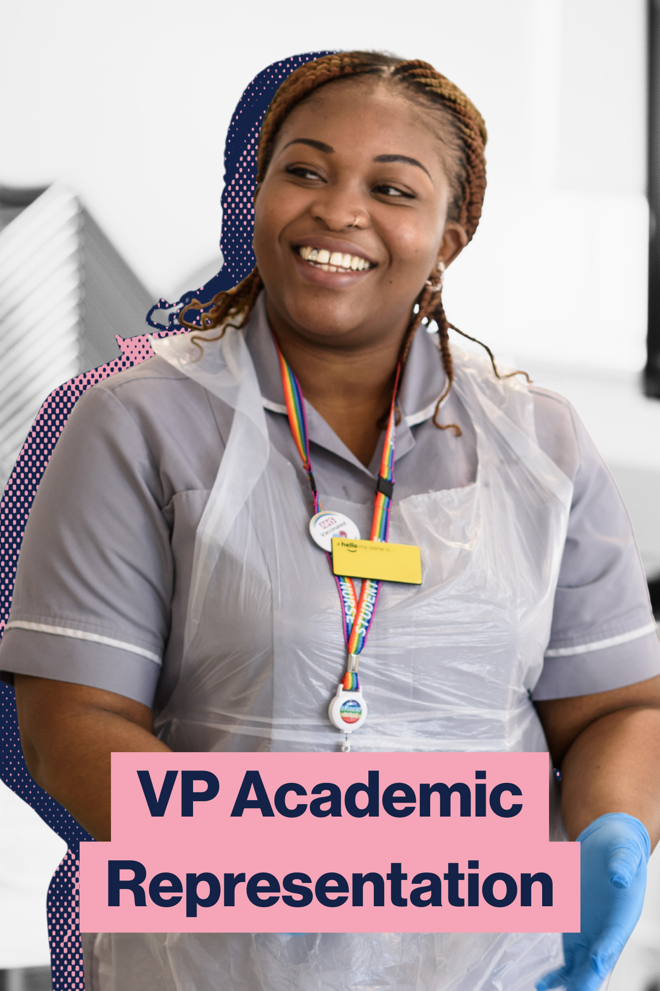 Lady in nursing uniform with practice dummy smiling. Title reads "VP academic representation"
