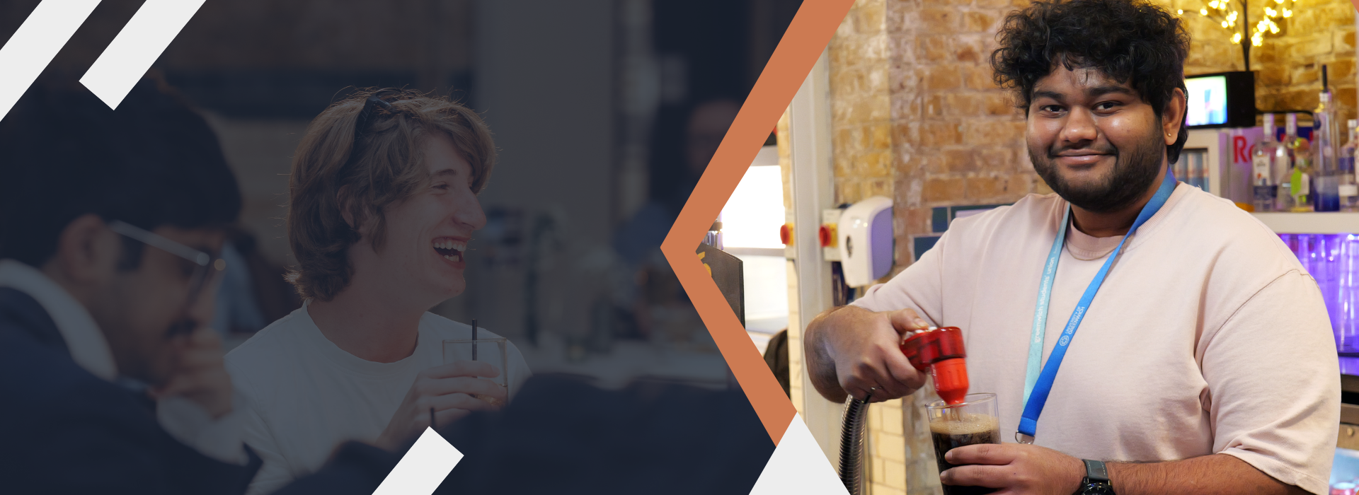 collage of images showing students in the venue space smiling and serving a drink
