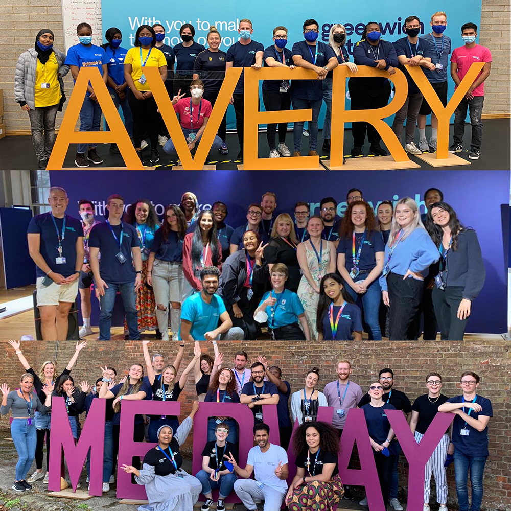 Picture of GSU staff in three different campus locations, smiling at the camera