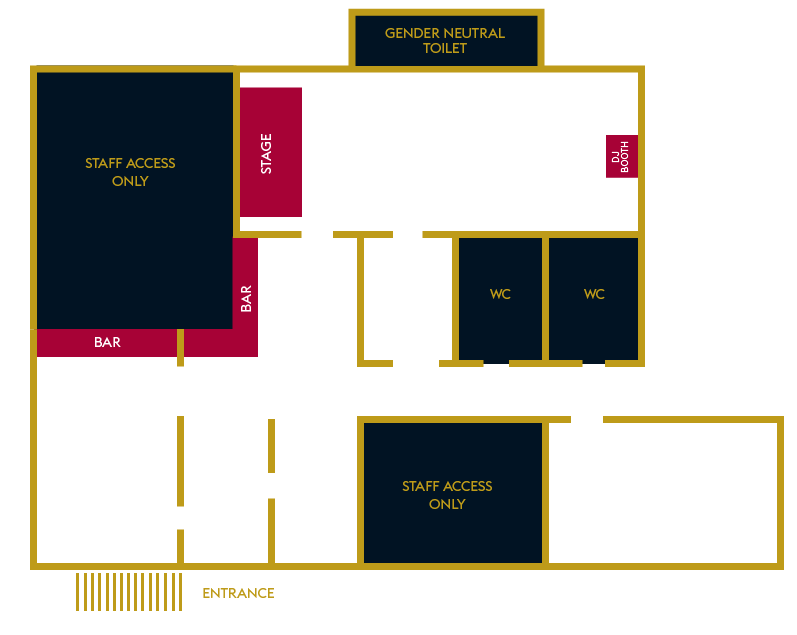 Illustrative map of Lower Deck space - birds eye view of the spaces with labels for the rooms and facilities