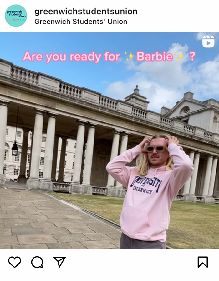 Screenshot from Greenwich Students' Union Instagram account - reel about clothing with title "Are you ready for Barbie?"
