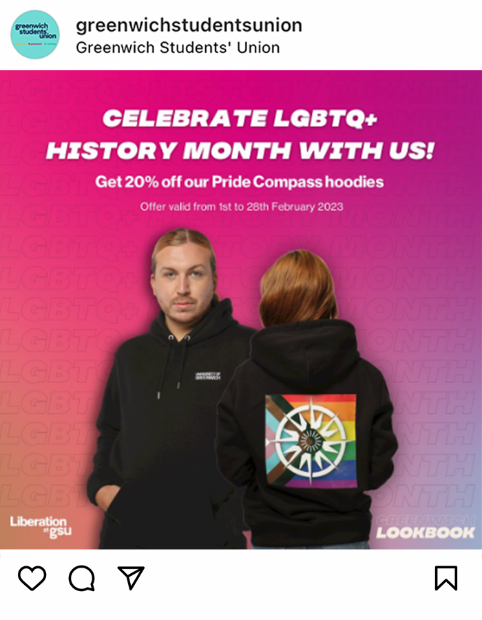 Screenshot of Instagram post about University branded hoodies with LGBTQ flag on the back