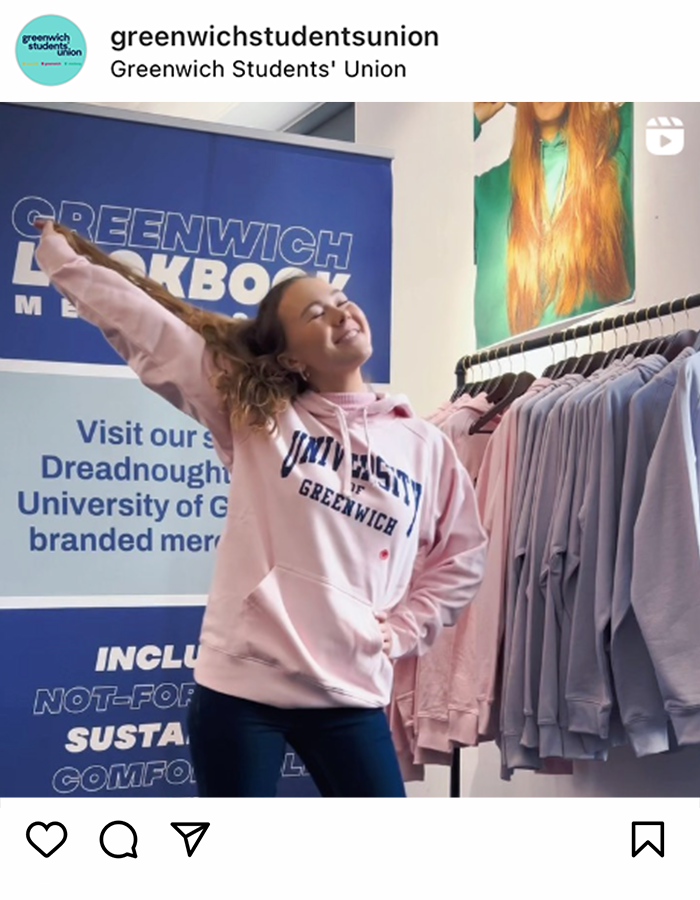 Screenshot from Greenwich Students' Union Instagram account - post featuring some of the clothing from the store