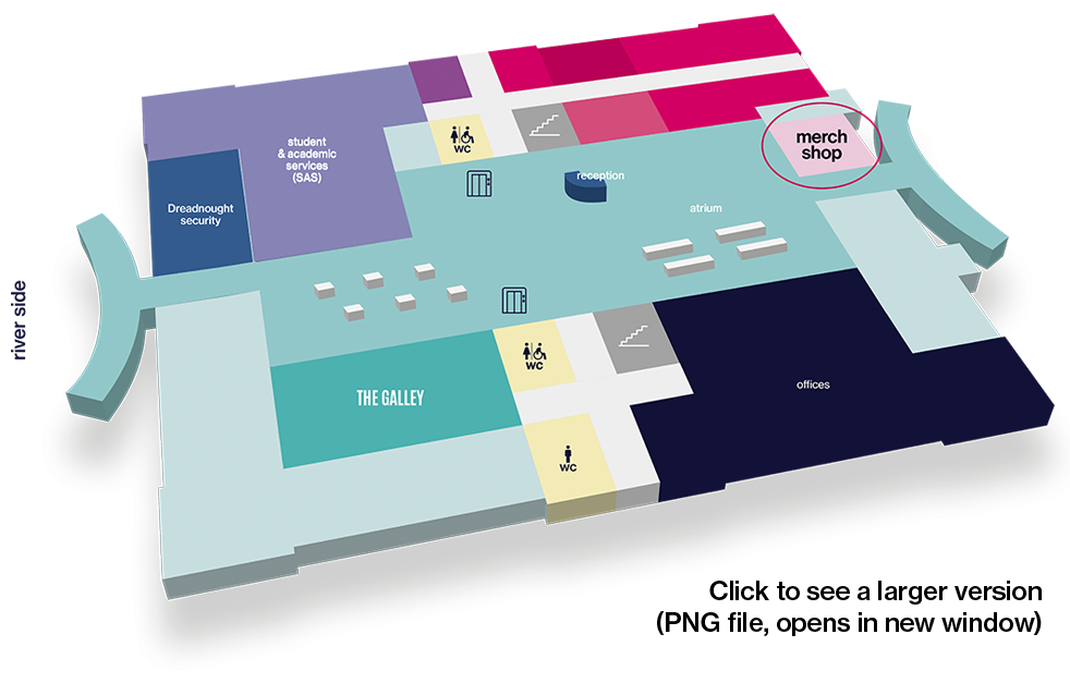 3D image of Dreandought building's ground floor to show location of merch store. Store is located just off the Dreadnought Atrium, at the Romney Road end of the buidling.