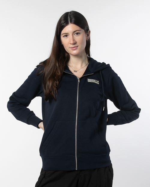 Image of a girl, wearing a navy hooded sweatshirt