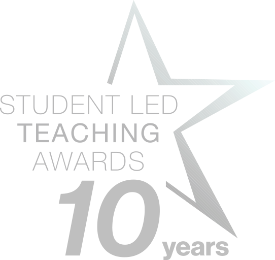 Illustrative star shape with lettering cutting into the side that says "Student Led Teaching Awards, 10 years"